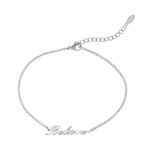 Believer silver anklet with white background.