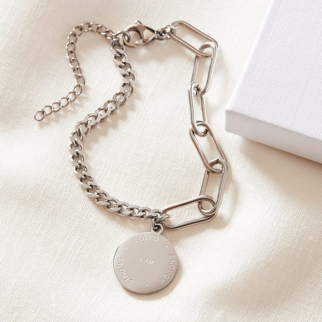 ‘I Am’ Affirmation Disc Dual Chain Bracelet Silver