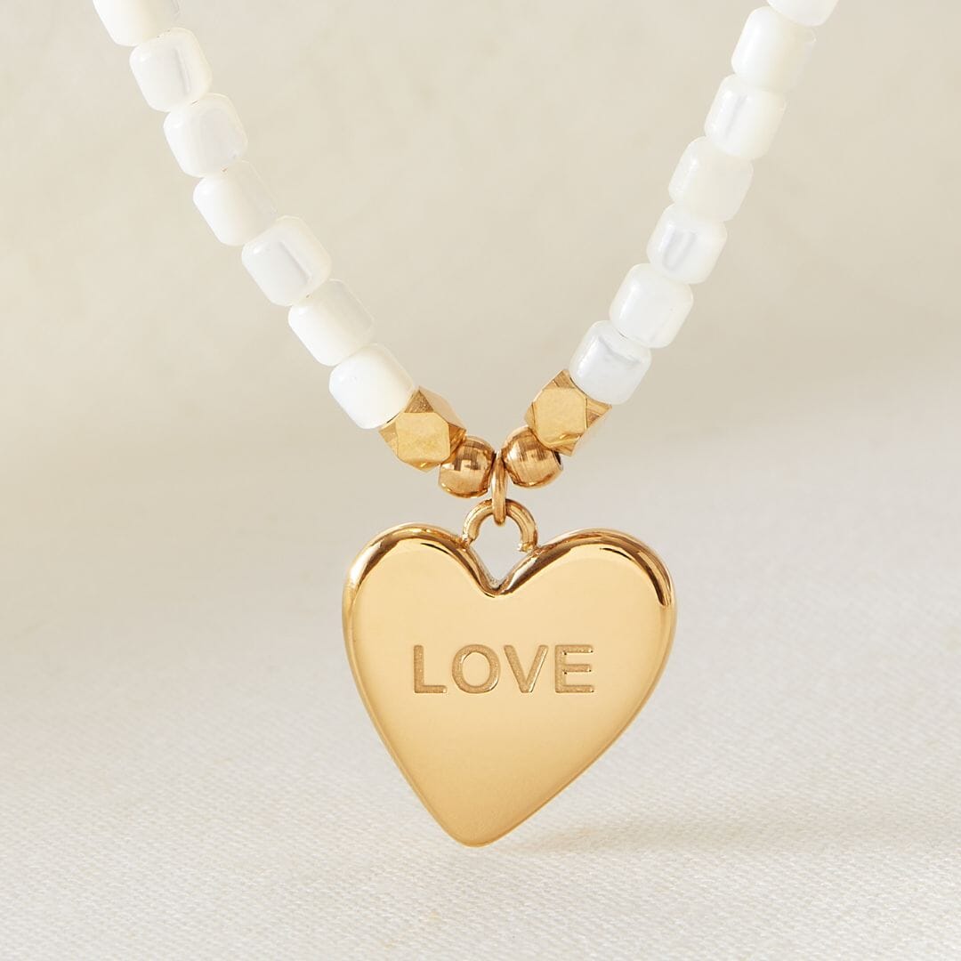 'Love' Heart Beaded Pearl Necklace Gold