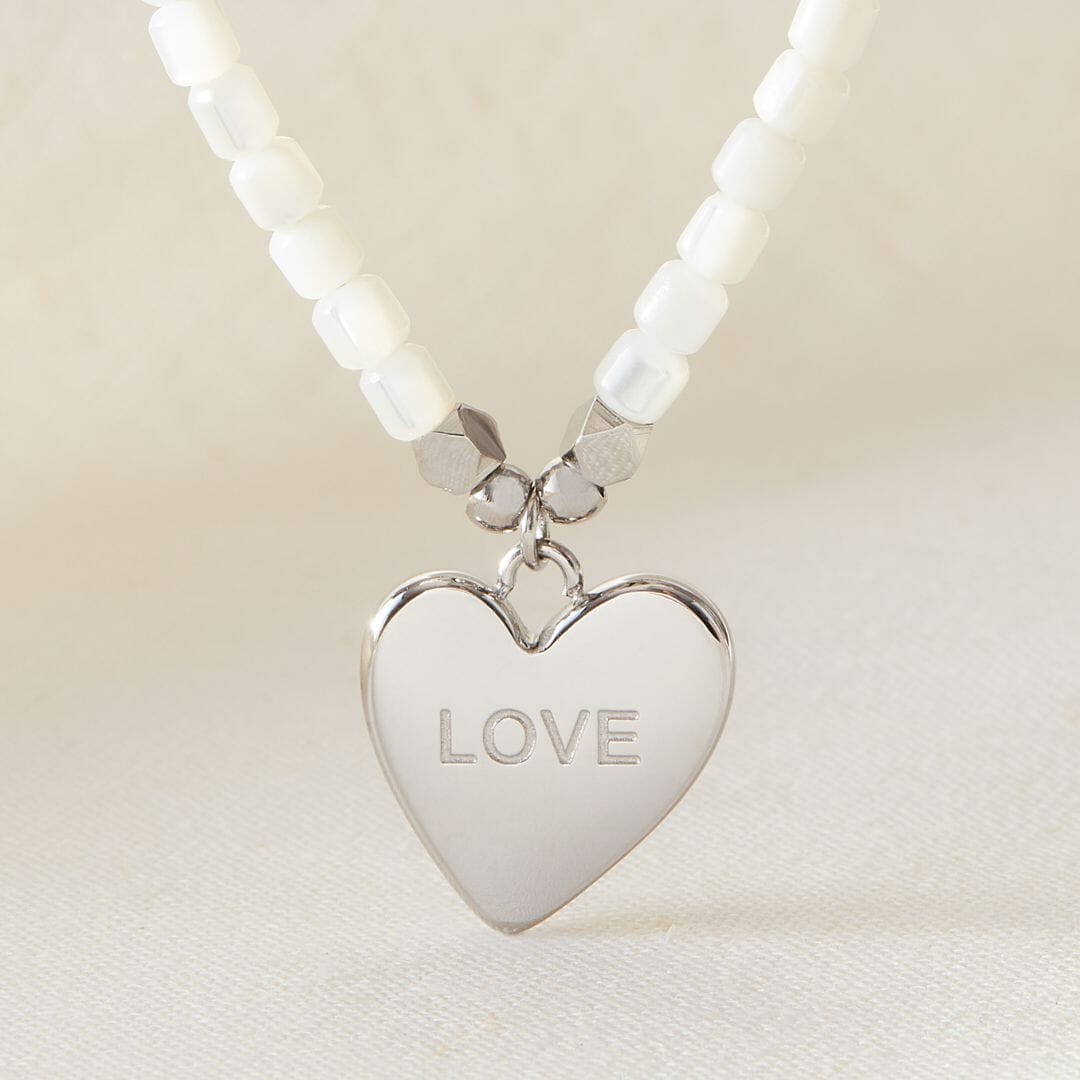'Love' Heart Beaded Pearl Necklace Silver