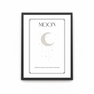 A black wooden art poster which has a Moon and a quote which says 'chase the moon and reach for the stars' 