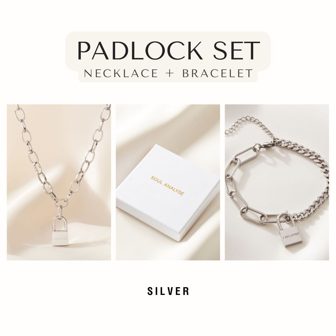 'I am loved' Padlock Necklace & Bracelet Set Silver