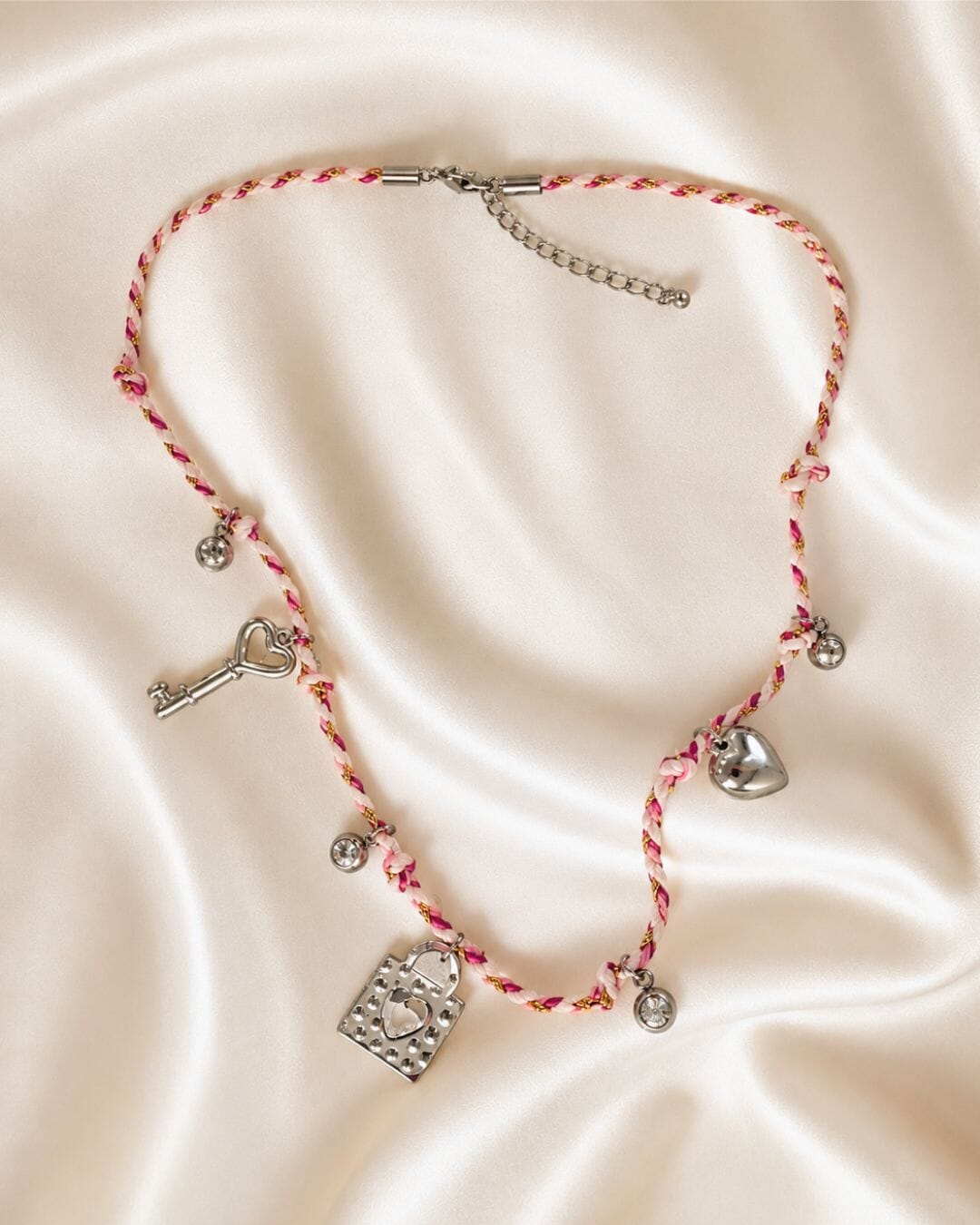 Pink Rope Charm Necklace Silver