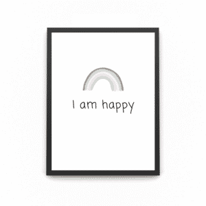 A wooden A4 black frame with the quote saying 'i am happy' with a colourful rainbow
