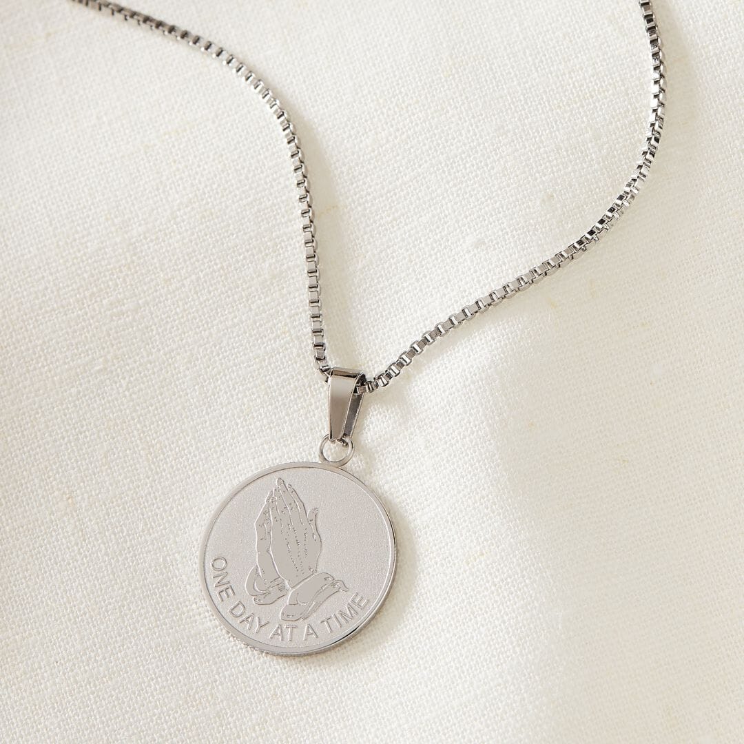 Serenity Prayer One Day At A Time Necklace Silver