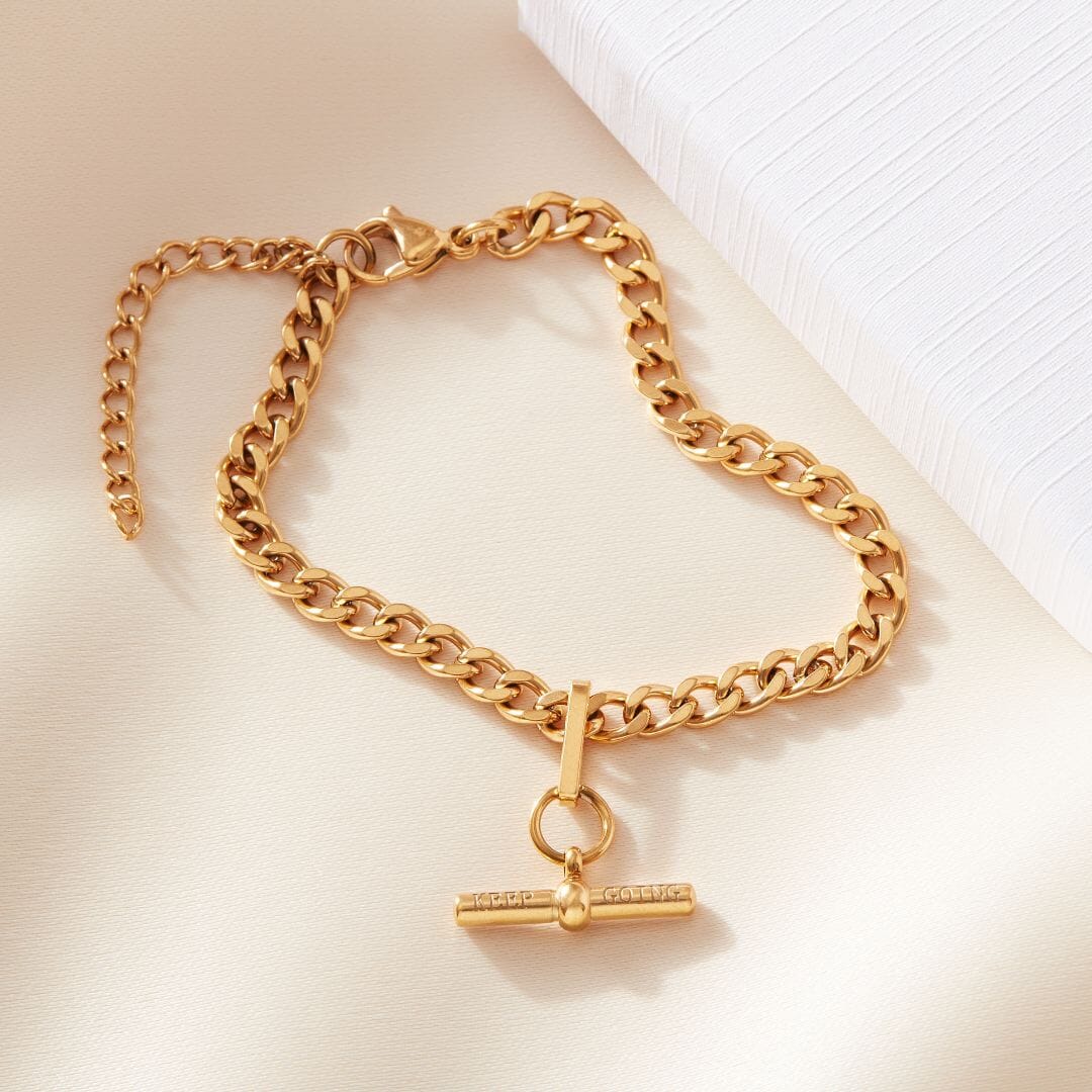 'Keep Going' T Bar Curb Bracelet Gold